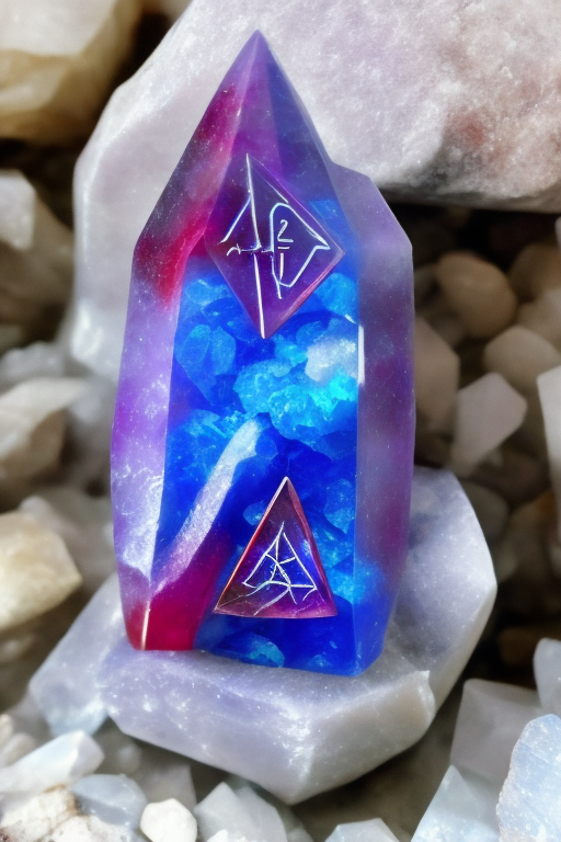 A Little Blue Crystal, A Little Red Crystal, An Little Purple Crystal Grow From A Great Marble Stone Decorated By Magical Runes. Prompthero Prompt 9Cb1Df0D041 A little blue crystal, a little red crystal, an little purple crystal grow from a great marble stone decorated by magical runes.