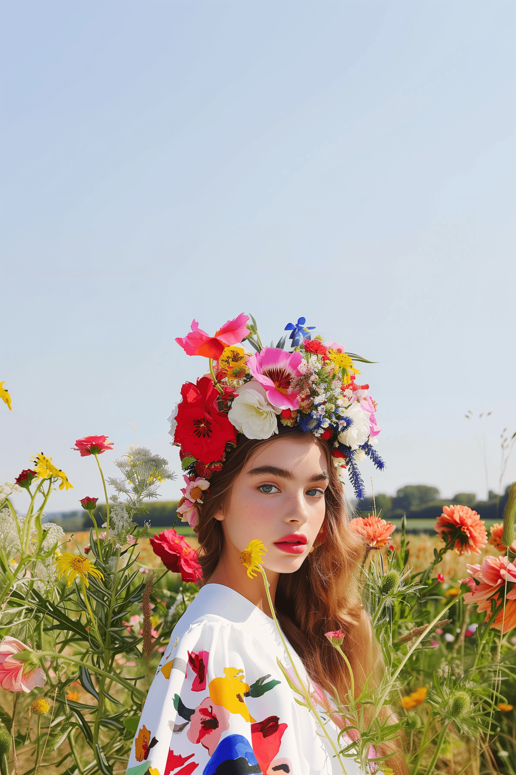 Photo of a girl celebrating the solstice, the holiday of ivan kupala, the girl has a wreath of flowers on her head and a white dress, long wavy wheat-colored hair, it’s summer outside and a lot of greenery and flowers, natural lighting, soft light --sref 1165733915 3972490848 --v 6. 0 --ar 2:3