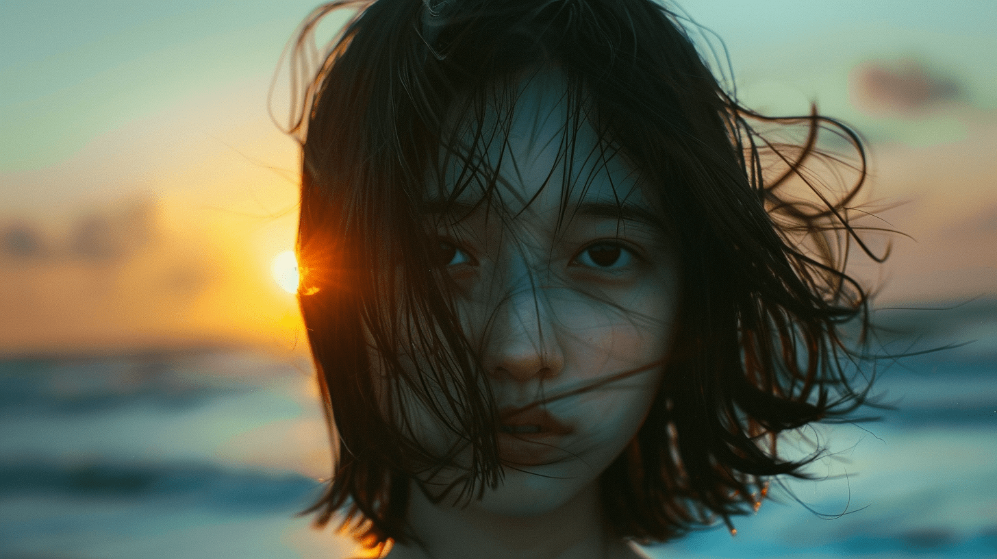 Japanese girl with strange beautiful face in the beach, beautiful sunset, cozy light, fujifilm, surrealistic