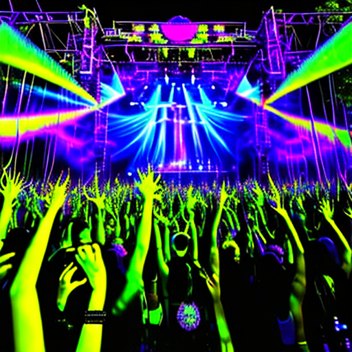 Capture an ultra-realistic concert scene at electric forest music festival with a dramatic interplay of abstract neon lights in blue, green, yellow, and purple hues, complemented by a spectrum of black and white gradients. The composition should evoke a hippie and trippy ambiance with cinematic lighting, presenting a battered perspective from a low angle. The artwork should resonate with the trending styles on artstation, rendered in 4k resolution. Aim for hyper-realism with a focused composition, showcasing extreme details akin to unreal engine 5’s capabilities.