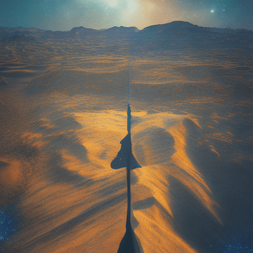 A desert where one person stands, in front of, extreme long shot, pictures of beautiful backgrounds where space plants grow in hyperrealistic, cinematic, rich colors and pastel tones. You have to be symmetrical, creative, and feel like a greek mural, add glittering stars and planets, geometrically, completely left-right symmetrical, the composition, color, and cinematic expression are wes anderson style