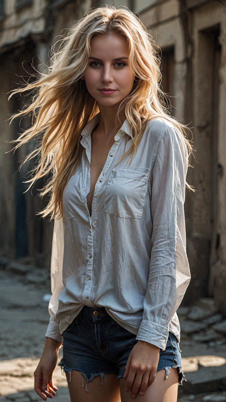 Body (turned:1. 1) to the photograph of a young (shyly:0. 8) (smiling:0. 8) russian woman with flowing long (messy:1. 1) blonde hair that (cover:1. 3) her eyes, realistic, detailled, full body, beautiful girl, godsrays, edge light on face, shadow, eyes covered by hair, intense eyes, confident, white shirt, , a lot of small details (volumetric:1. 1)
