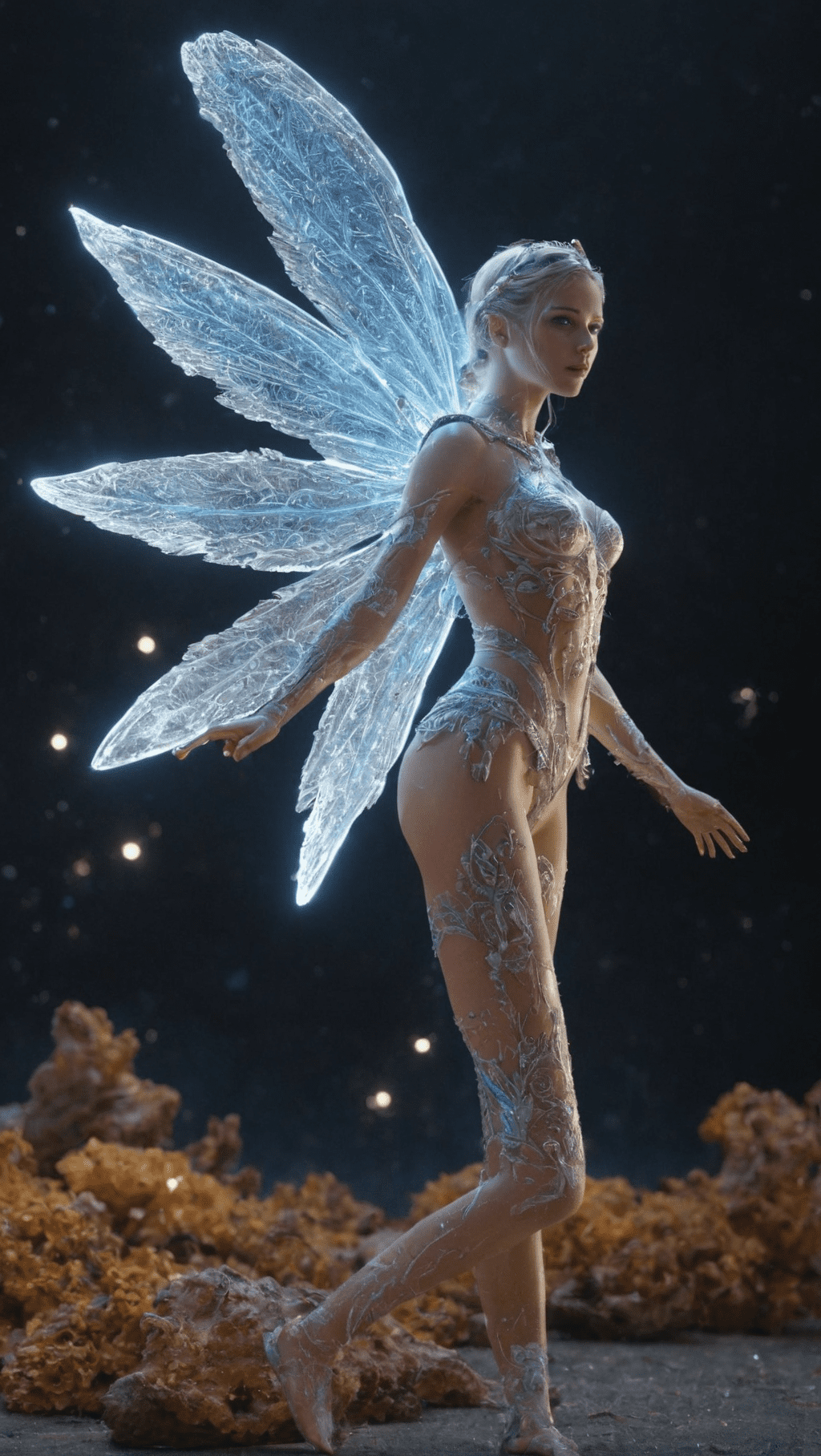 Full body, small (ultra-detailed angel in a spaceship) highly detailed incorporeal fairy made of light blue silvery light, bokeh pollen specs multicolored ((shiny galaxy lights) ) magic particles in the galaxy air background by moebius , perfectly lifelike beautiful face, detailed pretty eyes, glossy lips, pastels bloom lighting detail, beautiful rendering by fromsoftware artwork, elden ring aesthetic, boos stage battle, ray tracing beams, extremely smooth blending, highly detailed, 8k sharp focus, ((blue eyes in a hood wonderfully detailed ) ), with ((orange and pink dash lights) )) elements on light blue soft armor