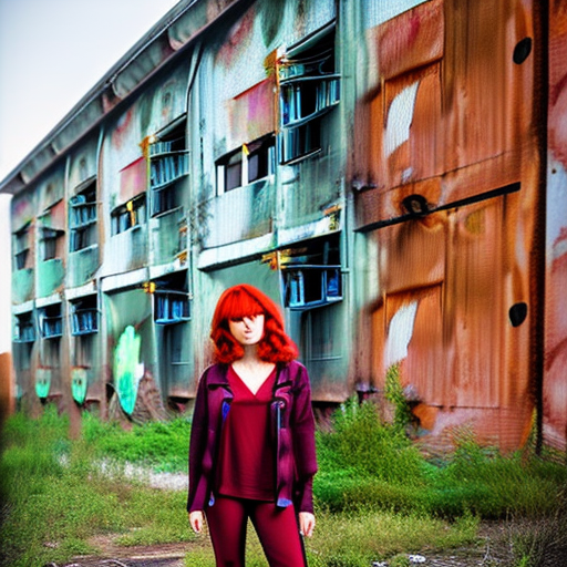 An image of a photorealistic woman with vibrant red hair standing in an abandoned, overgrown industrial site, in the style of urban exploration photography, high detail, and dynamic lighting. The scene captures the juxtaposition of her striking red hair against the decayed, graffiti-covered structures and lush greenery reclaiming the area. The woman, dressed in casual urban attire, stands confidently amidst the ruins, her hair catching the light and adding a vivid focal point. The lighting setup includes natural daylight filtering through broken windows, casting dramatic shadows and highlights across the scene. The composition is a medium wide shot, with the woman positioned slightly off-center to create a sense of depth and context within the urban landscape. --ar 16:9 --stylize 750