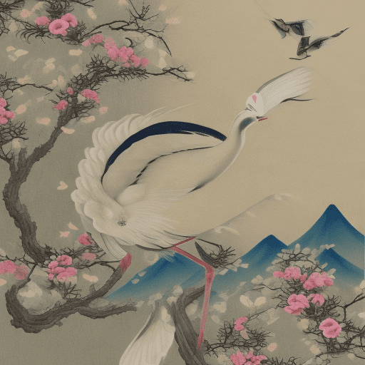 Photo of beautiful korean traditional folk painting. The background is light ivory in korean paper. In the center of the screen, there is a small white crane is spotted flying. There are no scenery like trees. Only objects that minimize objects can be drawn as neat layout as possible. Thin and delicate description, beautiful colors in pastel tones, very flat but delicate description without writing, good image quality,