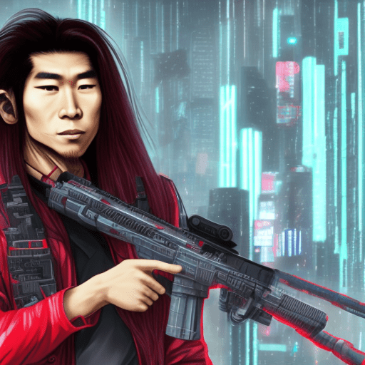 Cyberpunk, red long hair asian-american male holding a cyber sniper rifle