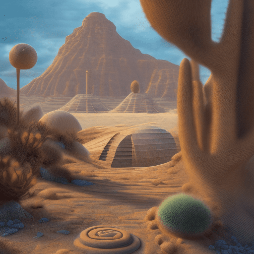 A desert where one building stands, in front of, extreme long shot, pictures of beautiful backgrounds where space plants grow in hyperrealistic, cinematic, rich colors and pastel tones. You have to be symmetrical, creative, and feel like a greek mural, add glittering stars and planets, geometrically, completely left-right symmetrical, the composition, color, and cinematic expression are wes anderson style