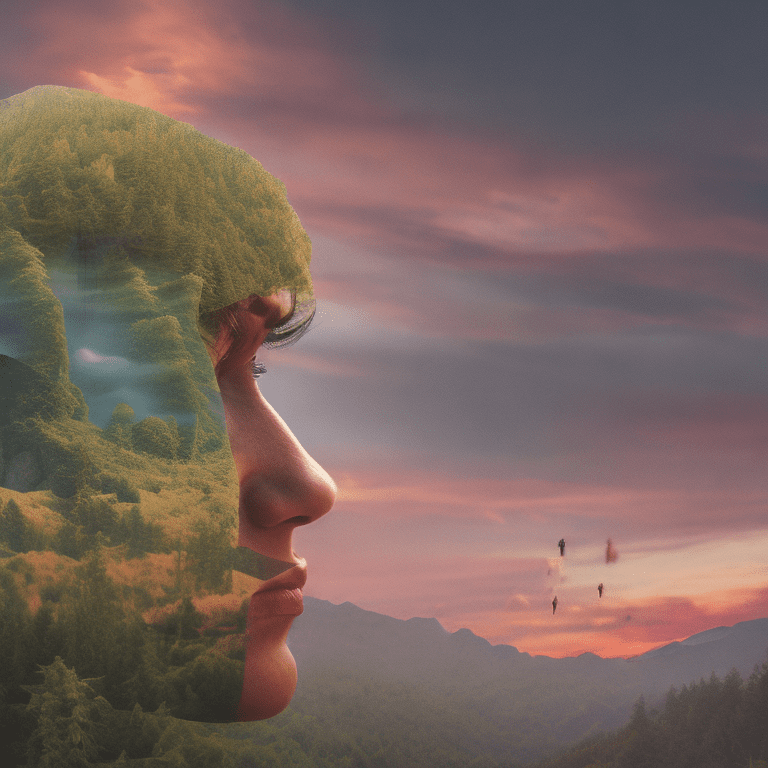 Double exposure human-nature, trees, flowers, mountain, sunset, nature mind, expressive creative art, surrealistic concept art, ethereal landscape in a cloud of magic coming out the top of a human head, incredible details, high-quality, flawless composition, masterpiece, highly detailed, photorealistic, 8k sharp focus quality surroundings