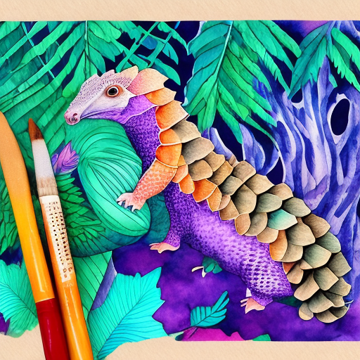 A hand drawing artistic watercolor style and vibrant graphic of the pangolin climbed up and wrapped itself around a large tree trunk with a view from behind. The pangolin is a mix of teal, purple, and orange hues. Surrounding the pangolin are delicate floral and leaf motifs, adding a touch of nature and elegance to the design. The artwork has a whimsical, almost mystical quality, making it a striking visual piece.