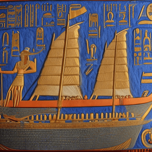 An ancient egyptian-themed ship sails down the river. On board is a director, indicating the direction ahead, and several workers, symbolizing the team working together to achieve business dreams. The ship is decorated with traditional egyptian elements, such as hieroglyphs and sphinx statues. "4к