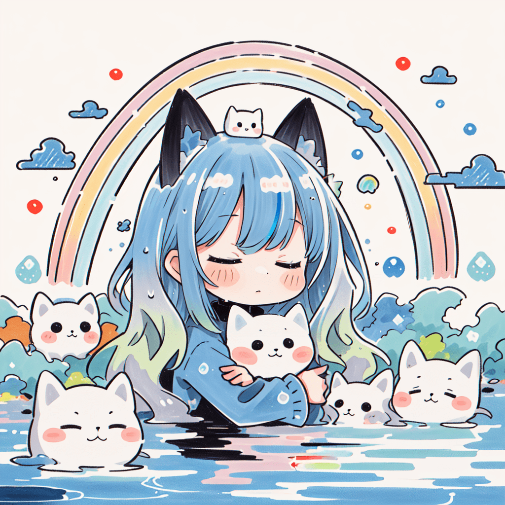 Best quality, symmetry, (marker (medium) :1. 3), (rainbow,rainbow order,rainbow gradient,color coordination:1. 2) , (solo,chibi:1. 2) , cat ears, closed eyes, hugging cat, (partially submerged:1. 4) , wavy hair, (wet:1. 1) , outdoors, landscape, scenery, (reflective water:0. 9) ,