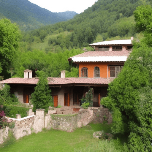 An ancient villa in mountains, a cool summer afternoon , green lush gardens, peaceful place, happy, complete, secure