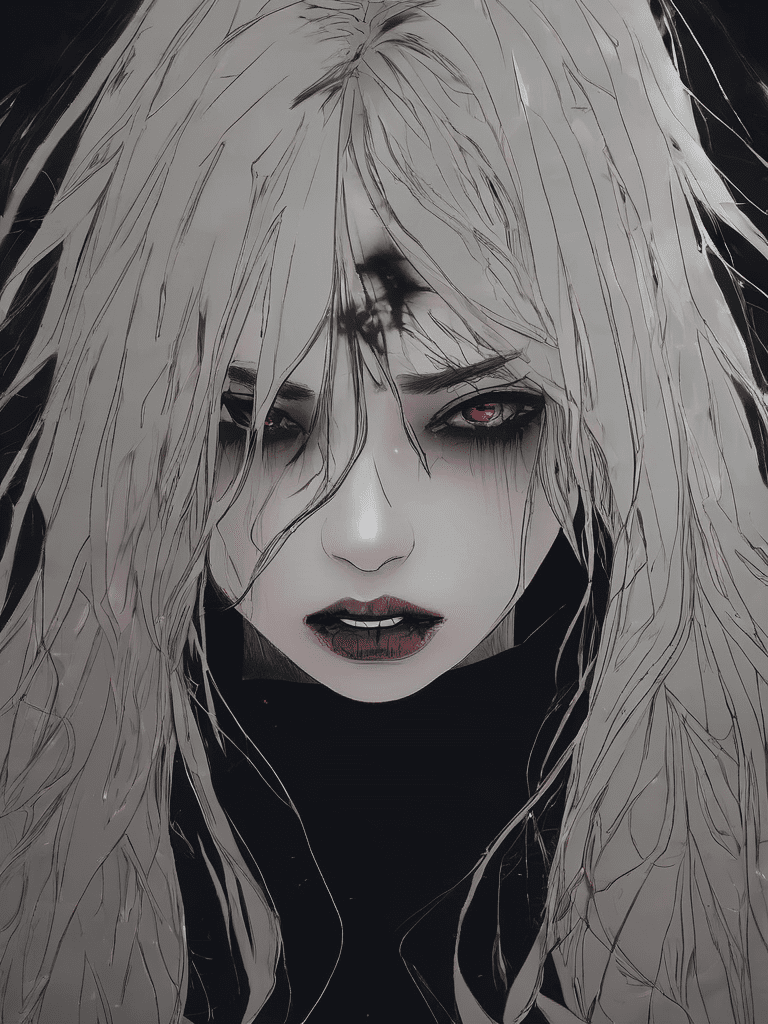 In darkness, dark, a girl's face, demon eyes, long mess hair, disfigured, brutal composition, scary horror, depressed, jaded, visually captivating and hauntingly beautiful, pain, sadistic, psycho, gloomy, dramatic, 4k, high quality, halloween, hd wallpaper