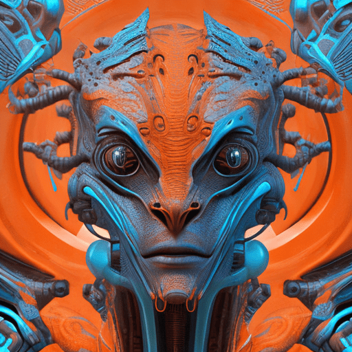 Alien cyborg art and illustration by theo el, in the style of balanced symmetry, light orange and cyan, detailed facial features, manticore, organic forms, muted tones, meticulous portraiture, complex patterns --ar 68:128 --stylize 750 --v 5. 2