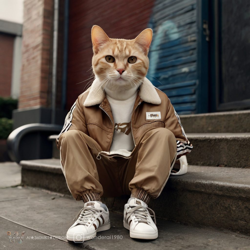 Anthropomorphic, a cat named ”street style kol kitty” wearing dark off-white flight jacket and creamy brown-gray, and white sneakers, with coach bag, against an urban street background with wide depth of field, sitting on the stairs, adorned with mori style stripes, portraying a street life scene with a hip-hop flair, master shot, 4k