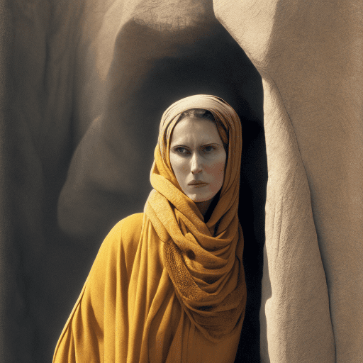 A woman wearing a yellow scarf, in the style of biblical drama, light brown and amber, desertwave, alan lee, cinematic sets, i can't believe how beautiful this is, david plowden --ar 71:128 --stylize 750 --v 6