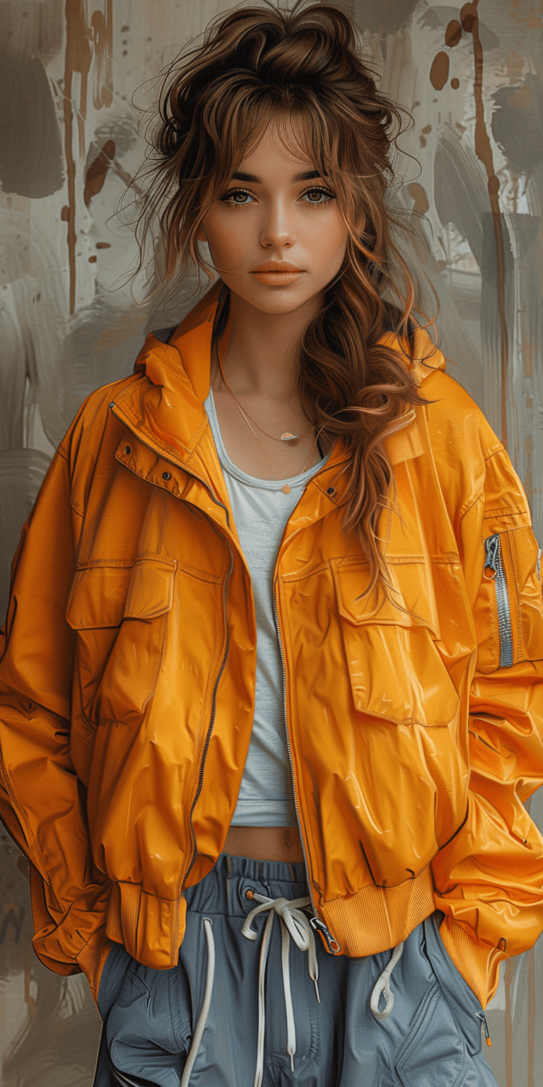 A digital illustration of a woman with brown hair and wavy bangs wearing an oversized blue bomber jacket, grey pants, and white sneakers, in the style of y2k aesthetic, sleek fashion illustration with light orange and dark gray colors that have a glossy appearance, loose brushwork, sleek design --ar 1:2 --stylize 750