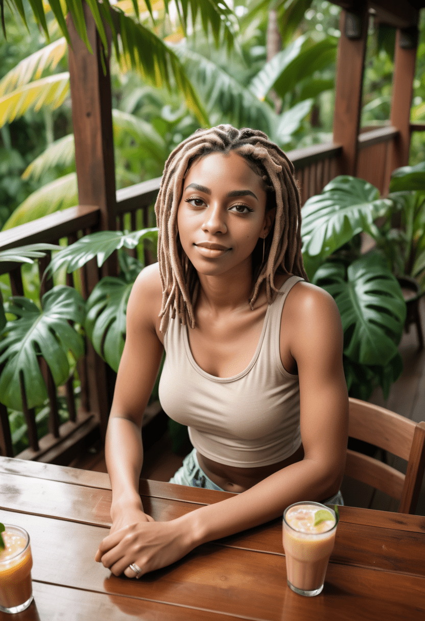 Photograph of a woman with faux locs hair, dressed in a beige sleeveless top, snug fit, shorts, sitting at a small table in a tropical setting, surrounded by tropical foliage, open-air structure, beverages on table, head tilted up to look at the viewer, high contrast, (from above:1. 3)
