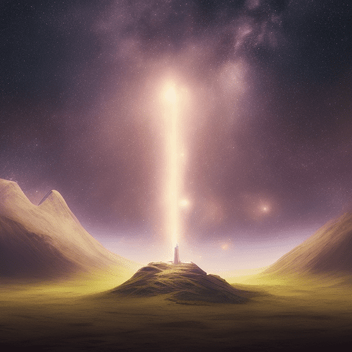 A lonely spire in the middle of the mountain range and a girl with a telescope in it, pictures of beautiful backgrounds where space plants grow in hyperrealistic, cinematic, rich colors and pastel tones. You have to be symmetrical, creative, and feel like a greek mural, add glittering stars and planets, geometrically, completely left-right symmetrical, the composition, color, and cinematic expression are wes anderson style