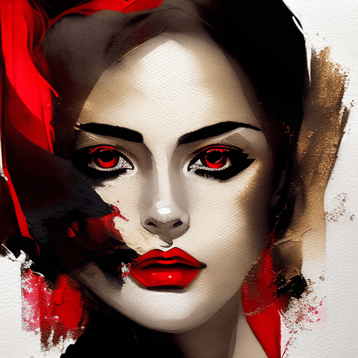 Breathtaking portrait of a gorgeous girl, red scarf, dark gold and black, gossamer fabrics, jagged edges, eye-catching detail, insanely intricate, vibrant light and shadow , beauty, paintings on panel, textured background, captivating, stencil art, style of oil painting, modern ink, watercolor , brush strokes, negative white space