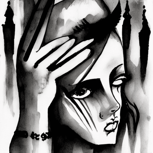 Sweeping dark duotone ink washes expressing gothic girl as rhythms of change --ar 3:2 --style raw