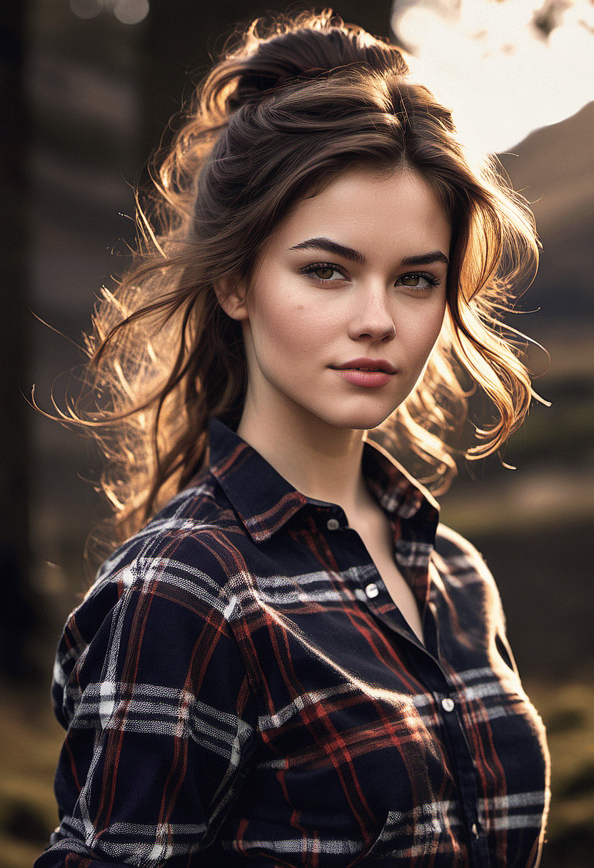 A half body photo of a beautiful brunette scottish girl, green eyes, messy beehive hair style, natural skin complexion, slim with curves, tartan shirt, outdoor background, soft lighting, captured by {randomly selected} photographer. This image looks glamorous and elegant in style and outdoor background that was recognized as a contest winner. It has been featured on cg society. Cinematic