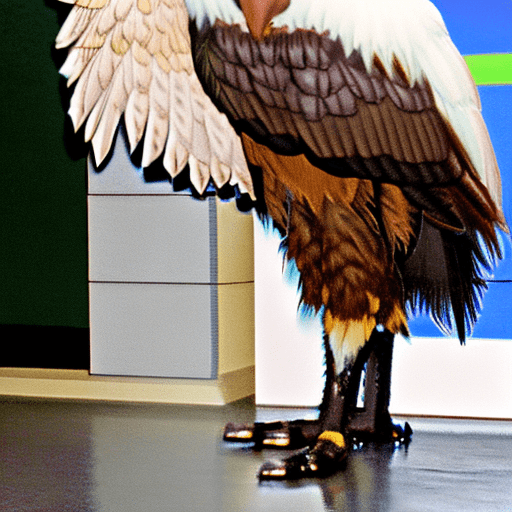 A female bipedal wolverine with the wings of a bald eagle. It has the head of a wolverine that is white. It has the tail feathers of a bald eagle. Wearing soft leather armor.