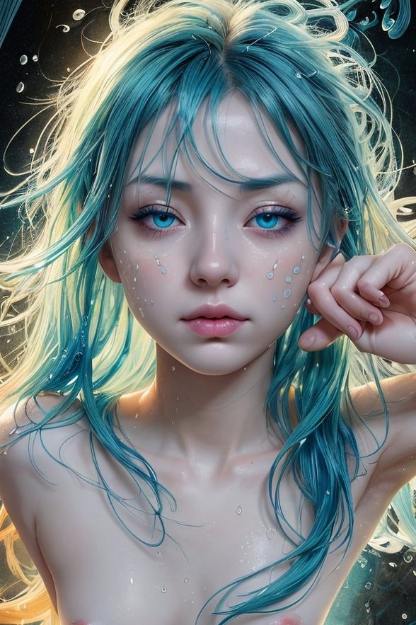 A girl with closed eyes and blue hair, depicted in an artistic style inspired by the xing xing group. The illustration is romantic, with a warm palette of yellow and orange hues and water droplets enhancing the scene. The artwork combines intense linework and traditional gongbi techniques with a loose, expressive paint application. The image is characterized by high dynamic range (hdr) , low key lighting, subsurface scattering, and moody shadows, all contributing to a complex and atmospheric composition. The girl poses sensually, with her bright blue-green eyes adding a captivating element to the piece, reminiscent of raw photography.