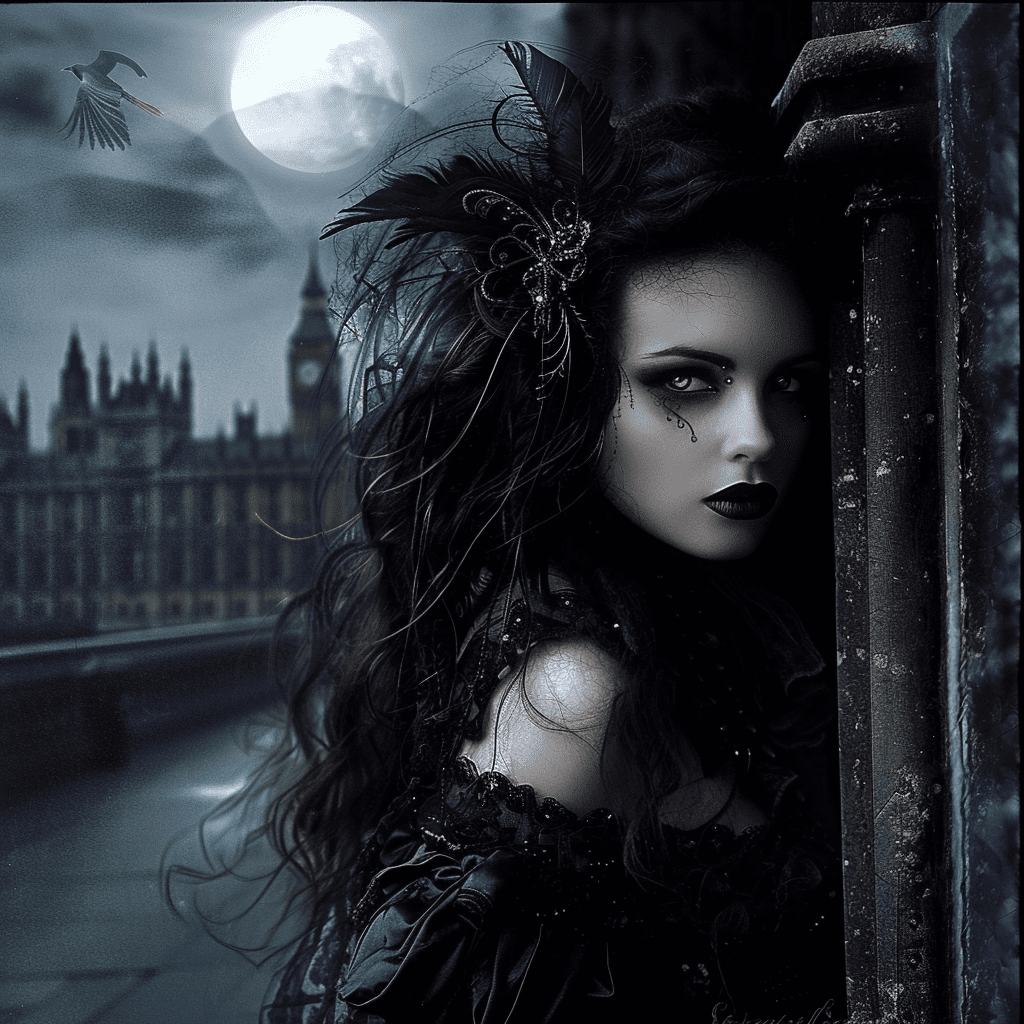 Stunning, fantasy, beautiful girl, medieval london, theatre, werewolf, victoria frances, luis royo, ( french: 0. 3, italian: , romanian: 0. 4) , dark, gothic, smokey eyeshadow, moody lighting, tranquil, calm, moonglow, glowing, mystical, magical, rim lighting, moonbeam, soft lighting, sparkle, glittering, --s 50 --v 6. 0