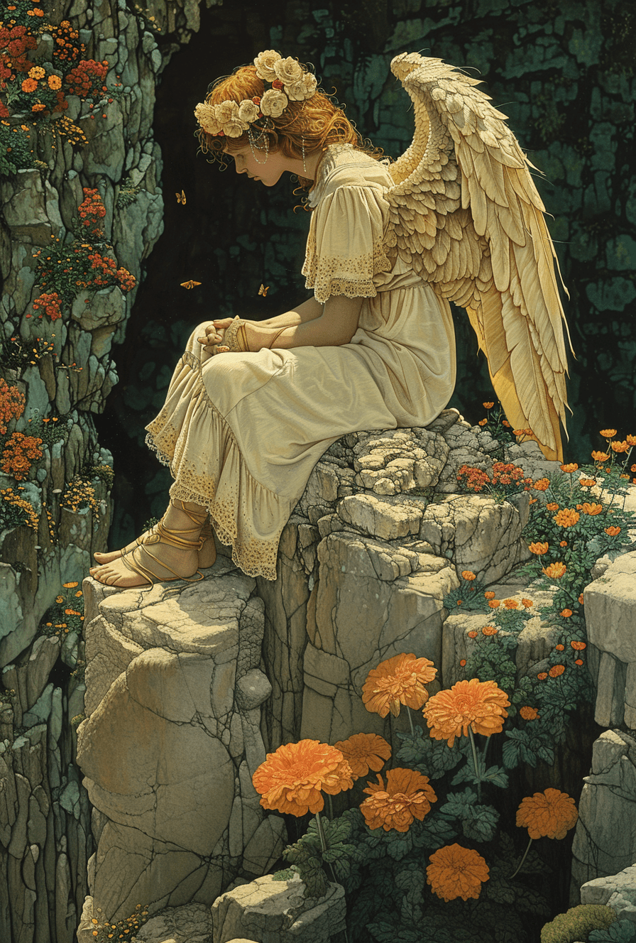 An artist's drawing of an angel sitting on a cliff, inlay, pentax 645n, made of all of the above, alla prima --s 750 --ar 56:83