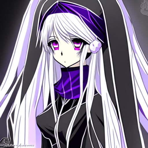 Anime style satella tall, silver hair, woman, purple eyes, black dress, black veil covering head