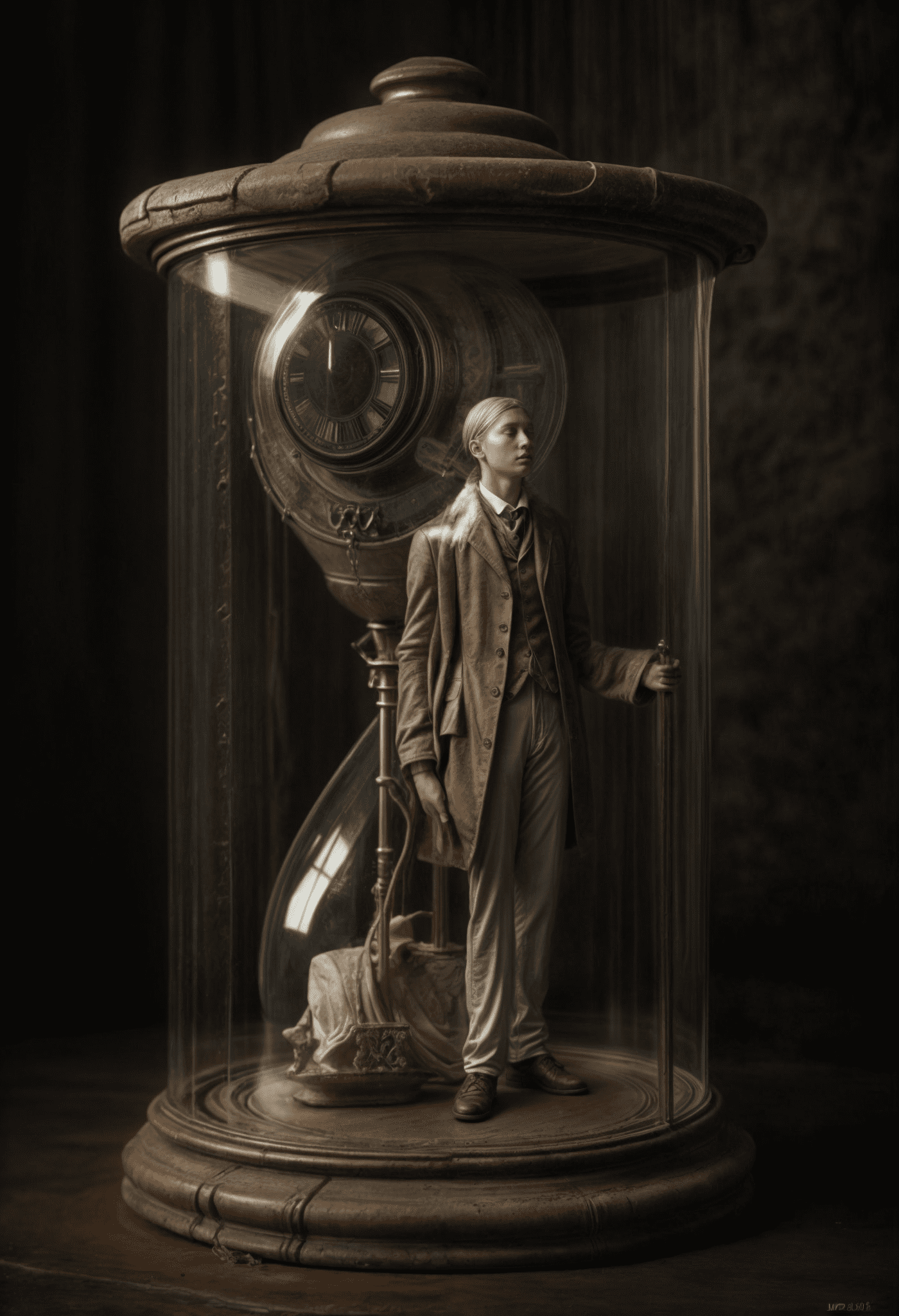 Surreal, exquisitely expressed image, explore the concept of time travel through a captivating narrative. Begin with an ordinary character who stumbles upon a mysterious artifact that grants them the ability to travel through time. Describe the character's journey as they navigate through different eras, encountering both historical figures and events. Highlight the moral dilemmas and consequences of altering the past, and delve into the philosophical implications of time travel. Conclude with the character's reflection on their journey and the lessons learned about the nature of time and existence.