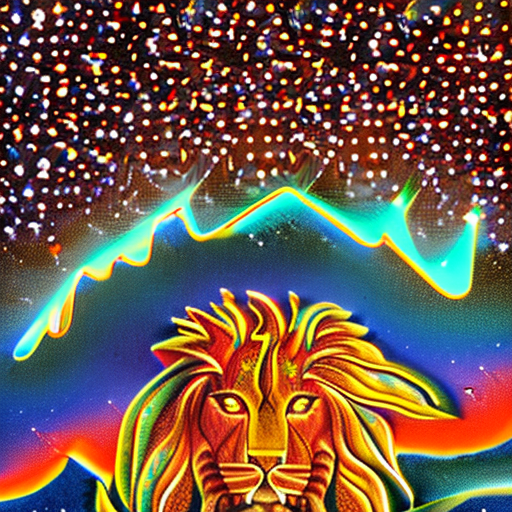 A majestic very big up close fiery lion a fiery sky in outer space with galaxy dark sky, a dreamlike enchanting dark starry sky , radiating an ethereal glow that enhances the surreal and heavenly ambiance of the scene and captures the essence of otherworldly wonder. Vibrant colors, intricate details, and shadow-play accentuate the lion's elegance, creating a captivating visual feast.