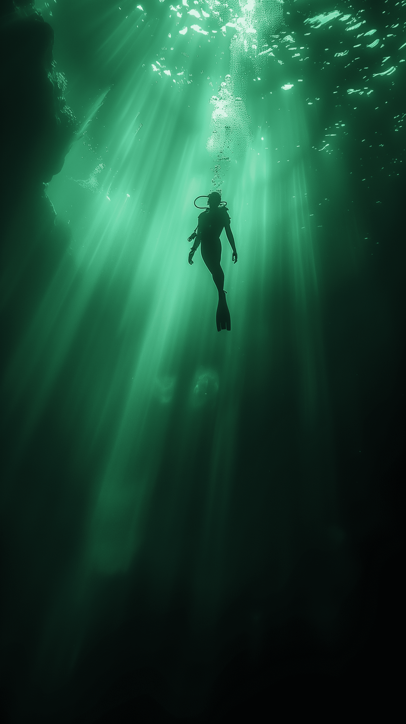 Emerald color serene underwater scene depicting a lone diver, floating gracefully in a beam of sunlight penetrating the dark emerald ocean, mystery of the sea, rendered in a realistic style that captures the tranquil yet awe-inspiring nature of underwater exploration --ar 9:16