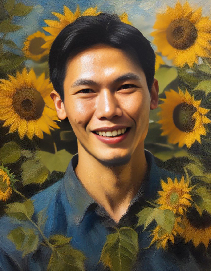 Van gogh style, picasso, oil painting, monet, impressionism, realism portrait, sixties revival, colored pencil art, country side, sunflower.