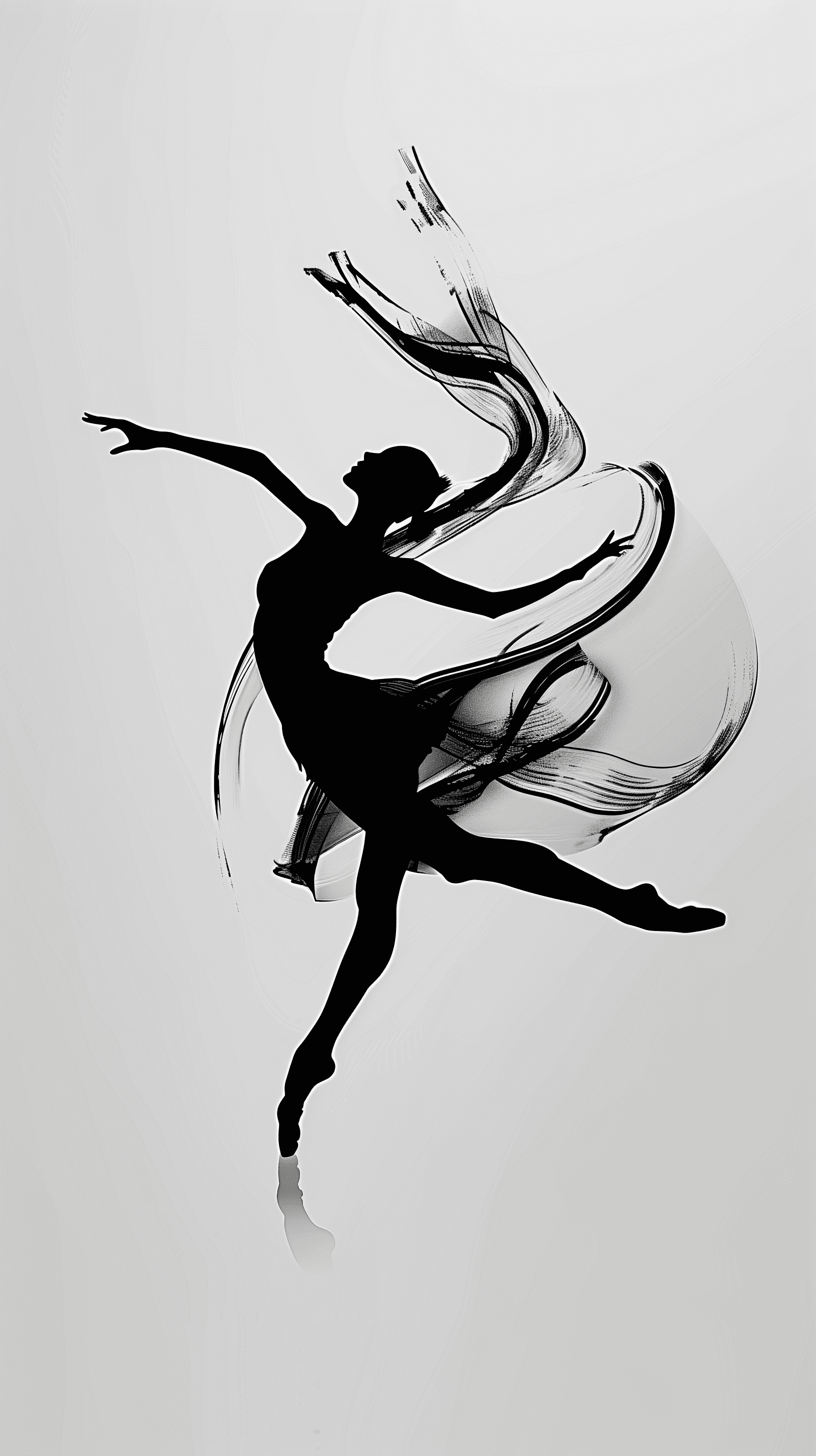 Minimalist design, monochrome, highlighting a dynamic silhouette of a twirling dancer, pure white background contrasts, black color of the dancer, simplified and linear depiction captures the movement and posture of the human body --ar 9:16