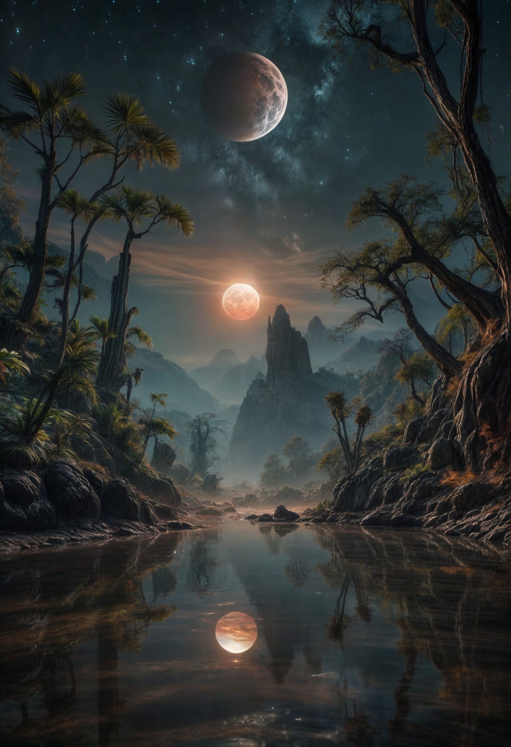 Beautiful landscape from an alien planet, alien plants and alien fauna and flora, a sea, nebulas, moons, 8k photo
