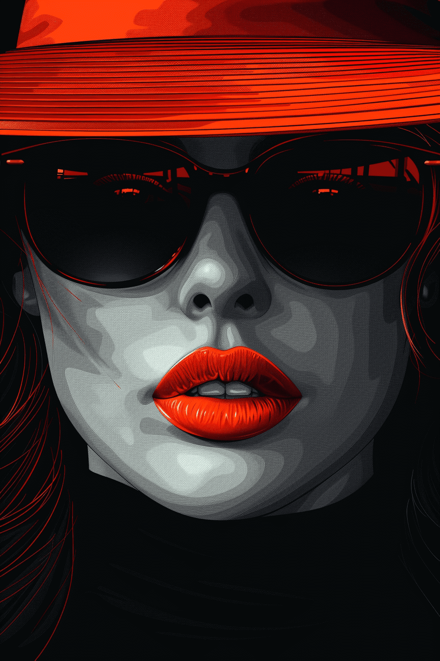 Vector illustration of an elegant woman wearing an orange hat, closeup portrait in the style of bold graphic shapes, minimalist portraits in the style of stencil art, subtle tones, flat color --ar 73:110 --stylize 750