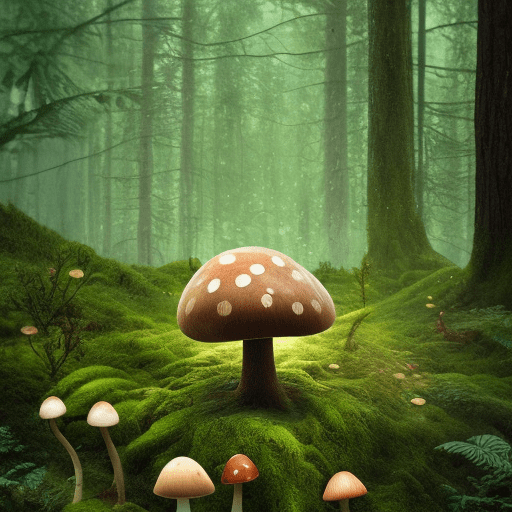 A picture of a forest and mushroom, green, small mushrooms and a beautiful forest background, fireflies fly with a mixture of sparkling dust and spores, the composition, color, and cinematic expression are wes anderson style