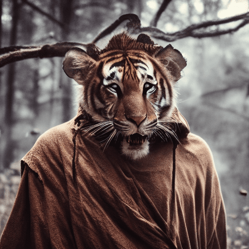 Cinematic film still awardwinning photo tiger, rust, epic, wearing cultist cloak, full body. Shallow depth of field, vignette, highly detailed, high budget, bokeh. Shallow depth of field, vignette, highly detailed, high budget, bokeh, cinemascope, moody, epic, gorgeous, film grain, grainy