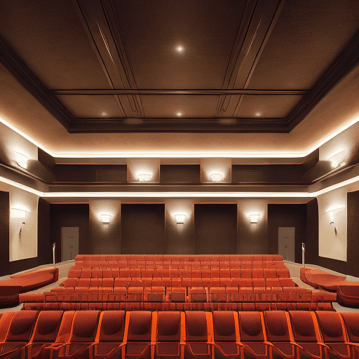 Photography, vast emptiness of a movie theater serves as the backdrop for a moment of carefree repose, woman lounges across the seats, a picture of relaxed ease in an oversized orange color hoody and light-washed jeans. The soft glow of ceiling lights casts a serene ambiance, illuminating her as she enjoys a snack, her casual pose a private escape from the world beyond the screen, uhd --ar 9:16 --style raw --stylize 300
