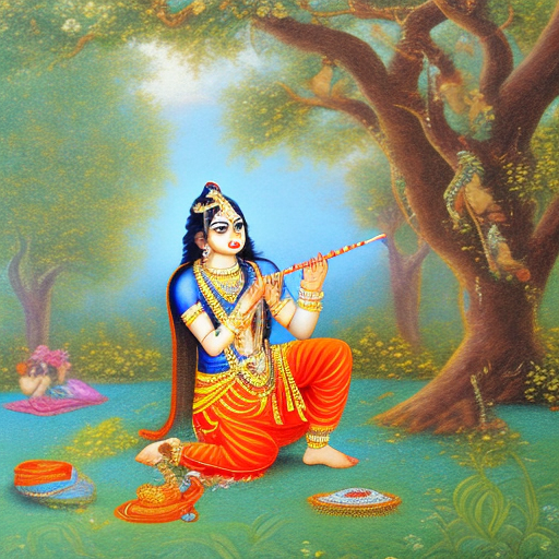 Krishna playing flute under a tree