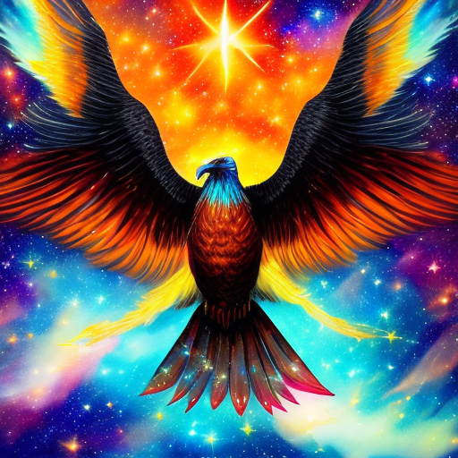 A close up majestic fiery mystical eagle bird with flying through a fiery sky in outer space with galaxy dark sky, gracefully glides through a dreamlike enchanting dark starry sky , radiating an ethereal glow that enhances the surreal and heavenly ambiance of the scene and captures the essence of otherworldly wonder. Its impressive very big wings are spread wide, vibrant colors, intricate details, and shadow-play accentuate the bird s elegance, creating a captivating visual feast.