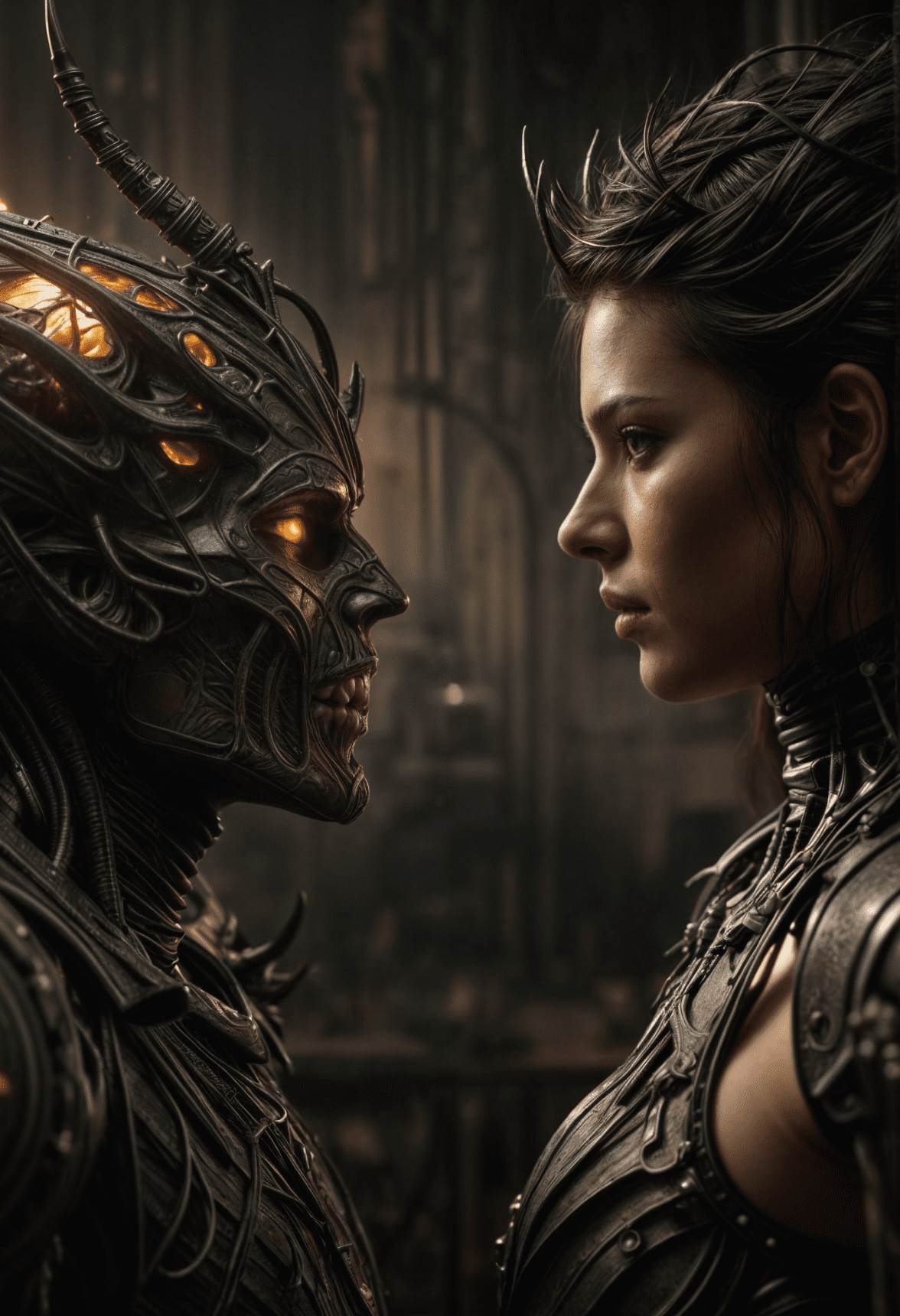 Conflict scenes between an angel and a demon, in a fantasy world, very inspired by h. R. Giger and guillermo del toro, fire and light rays. Halfbody, scene, close up scene