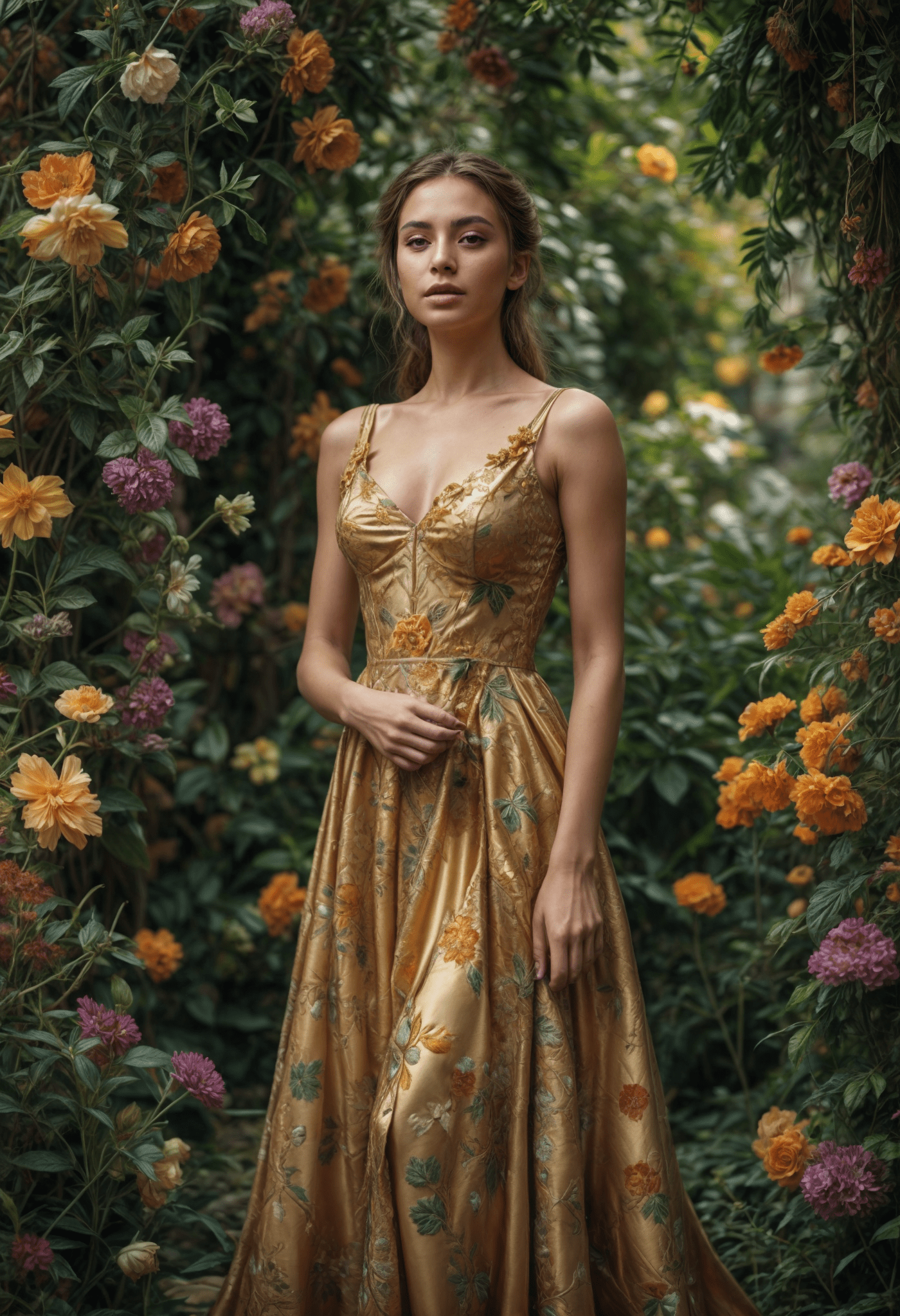 A woman in a gold dress with multicolored flowers, surrounded by leafy greenery