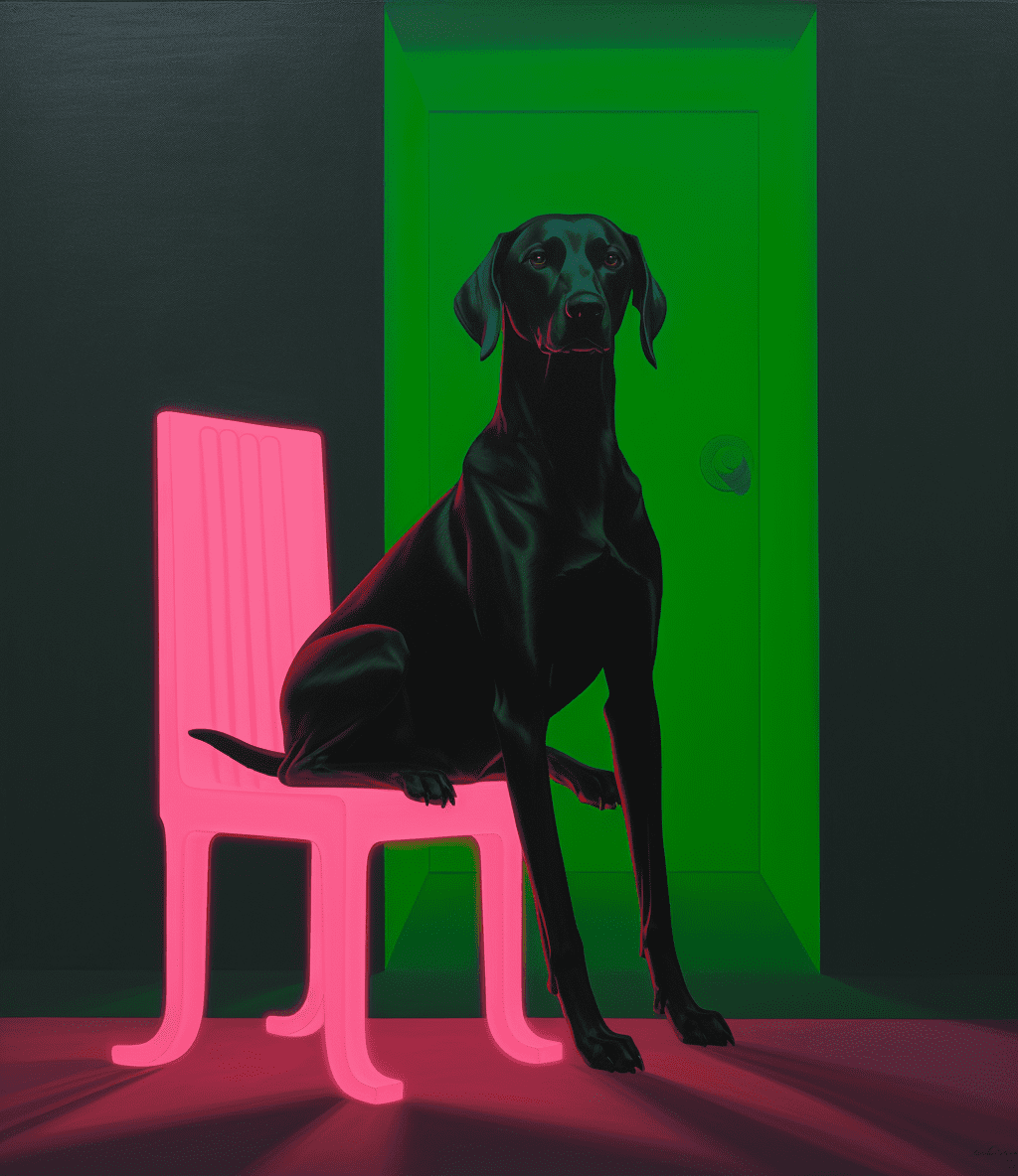 A painting of glowing pink legs and tail, a black dog floating in the dark sky, a dark green color scheme, a minimalistic design in the style of surrealism, glowing neon lights. --ar 111:128 --v 5. 2 --style raw