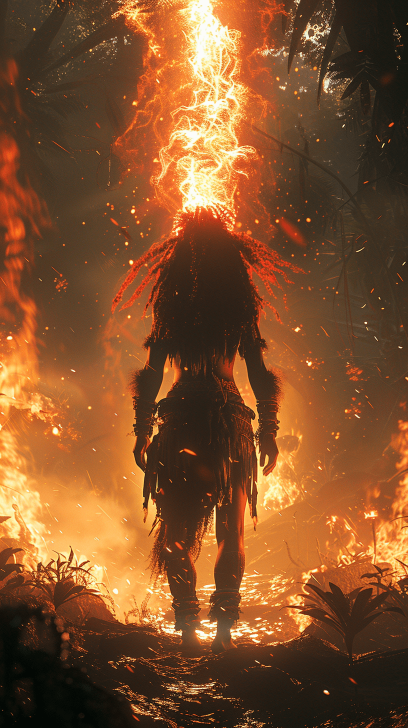 Brazilian curupira folklore, super-detailed hypermaximalist cinematography, human person, fiery hair, feet have to be inverted backwards, red eyes similar to fire, on a giant background of the amazon rainforest in the background, standing pose, full body, intense lighting, graphic xbox series 360, 8k resolution