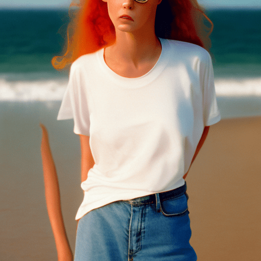 Hyperrealist female model, middle wavy hair, orange hair, epic sunglasses, standing with her back to the camera, simple yet elegance and friendly look, full body, vogue 1998, white oversized tshirt, long sleeves at elbows, holding tshirt at the side of hips, brown shorts, calmed mexican beach backgound, canon eos 5d mark iv ef 24-70mm f/2. 8l ii usm, sony α9 ii with sony fe 100-400mm f/4. 5-5. 6 gm oss lens setting a versatile lens that provides a sharp focus on the mode, solid and light background, set studio light, --ar 3:4 --style raw --stylize 500, magazine picture.
