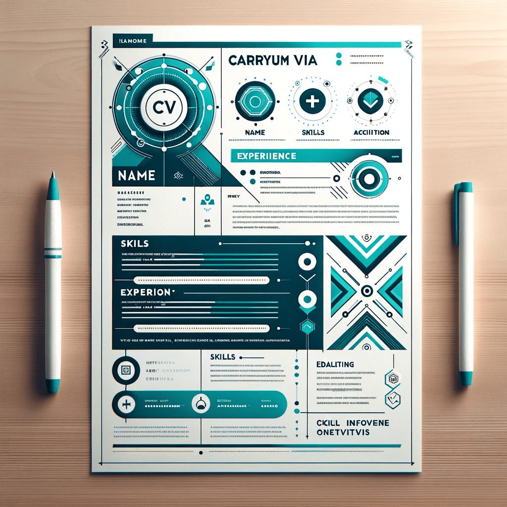 Craft a mockup-scenery for a technical, modern premium and professional curriculum vitae (cv). Mixed multi-column template in a modern layout. High-resolution, modern geometric layout, teal and white color scheme, header with name and contact, sections for summary, skills, experience, education, achievements, readable fonts, skill infographics, clean background with color blend, presented on wooden surface, white pen accessory, emphasis on content clarity and professionalism. Laying on a tavble made in birch.