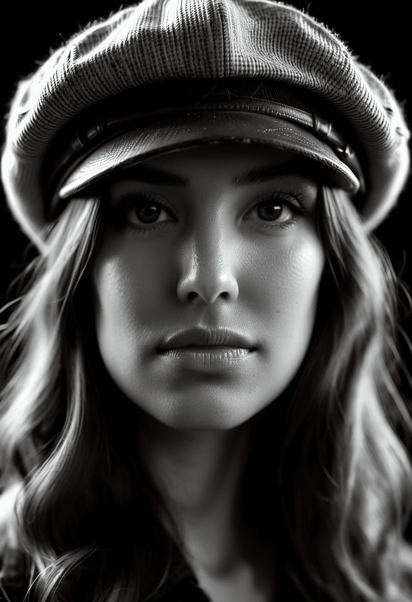 Extreme close-up black and white photograph of a woman with long brunette hair with light highlights, newsboy hat, dark white and silver, ambient occlusion, elegant, dark lighting, deep shadows, 8k, raw photo, realistic
